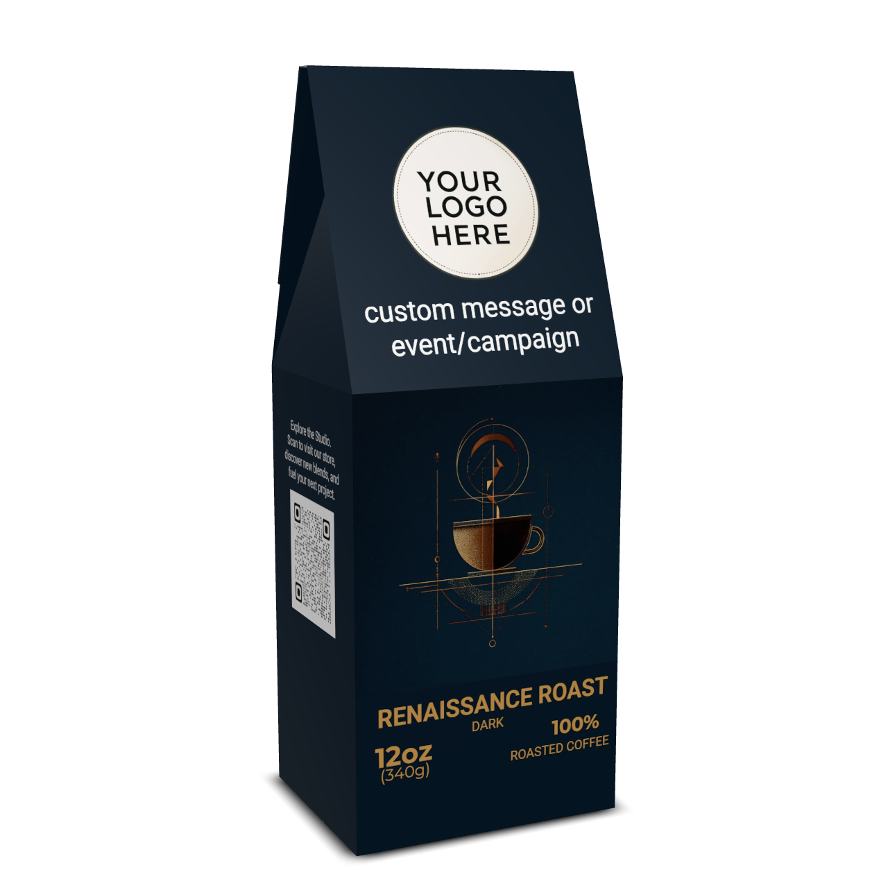 Example of custom branded coffee package with sample company logo and message for marketing campaigns